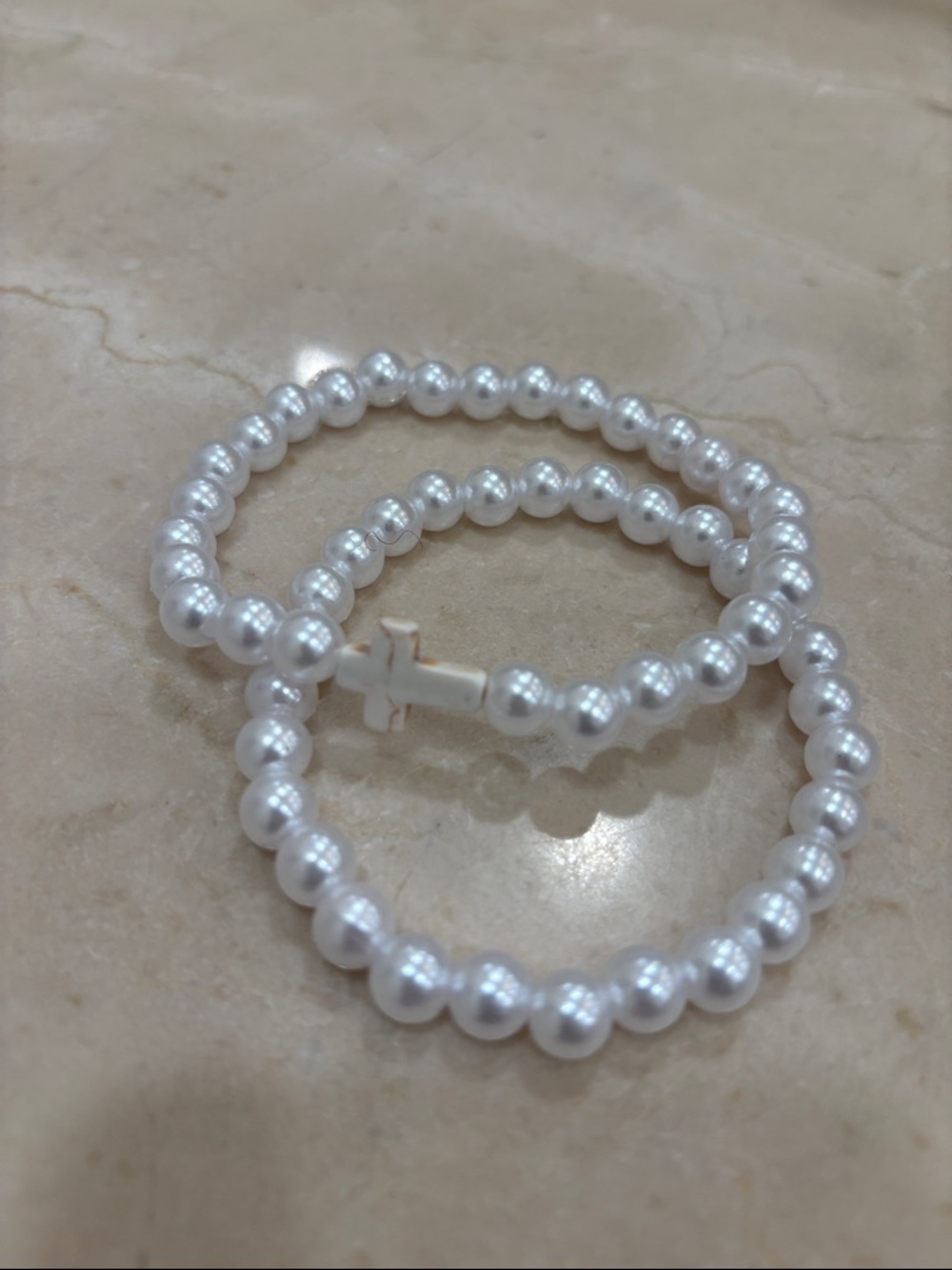 Pearl Bead Bracelet Set with Cross Charm — White